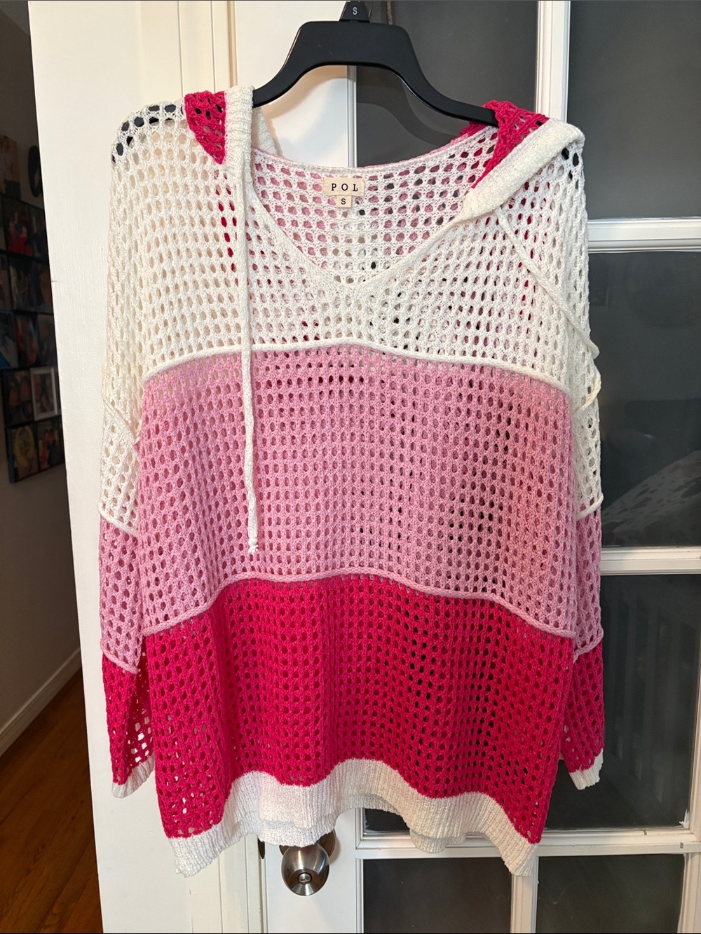 POL Pink and White Crochet Hooded Swim Cover-Up